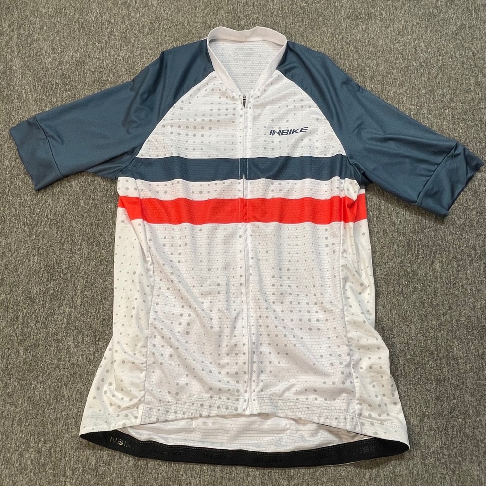 Inbike‎ Mens Cycling Jersey Short Sleeve Full Zip Striped Red White Blue L NWT